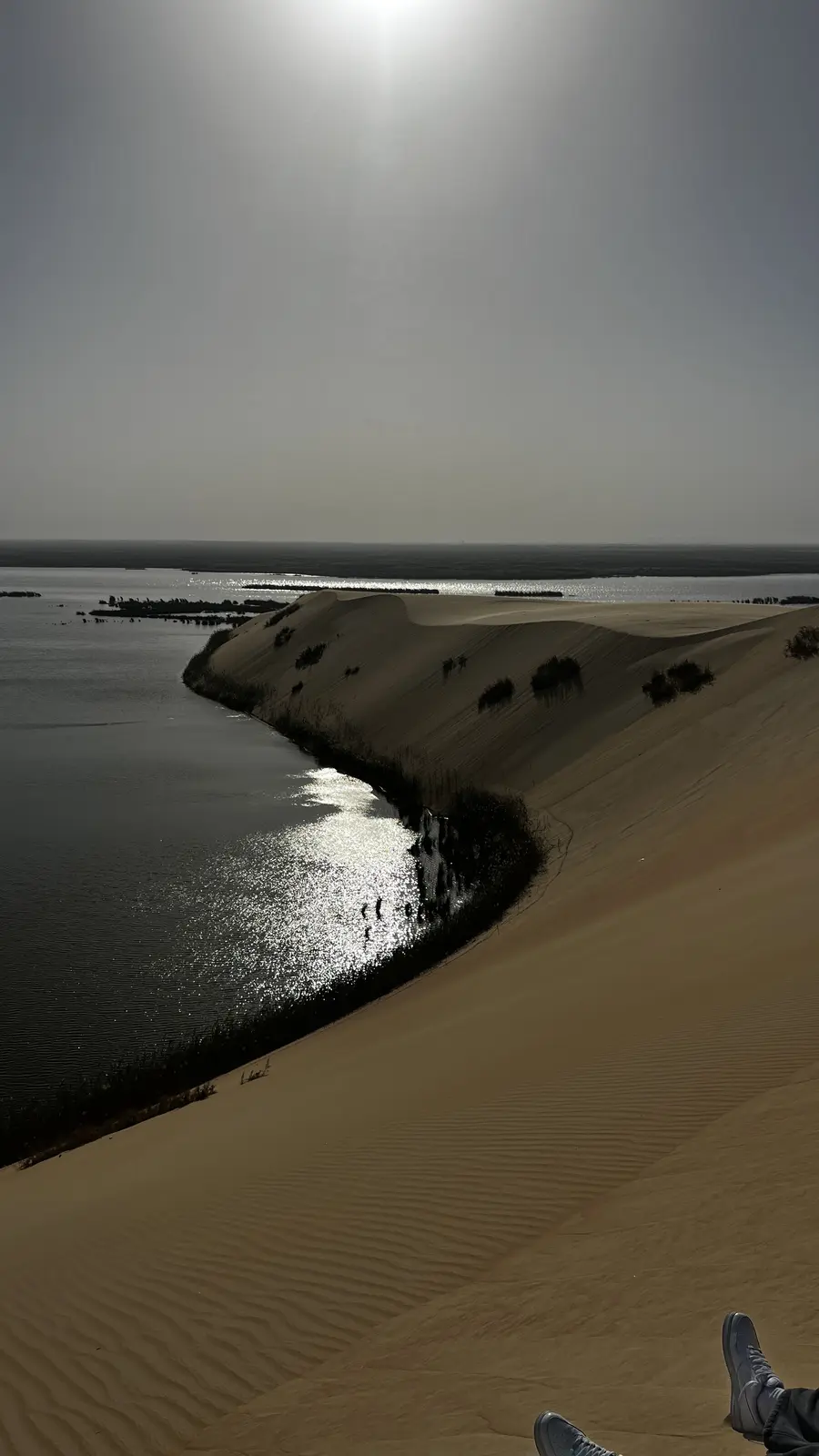 Golden sunset light over Al Asfar Lake and the surrounding dunes