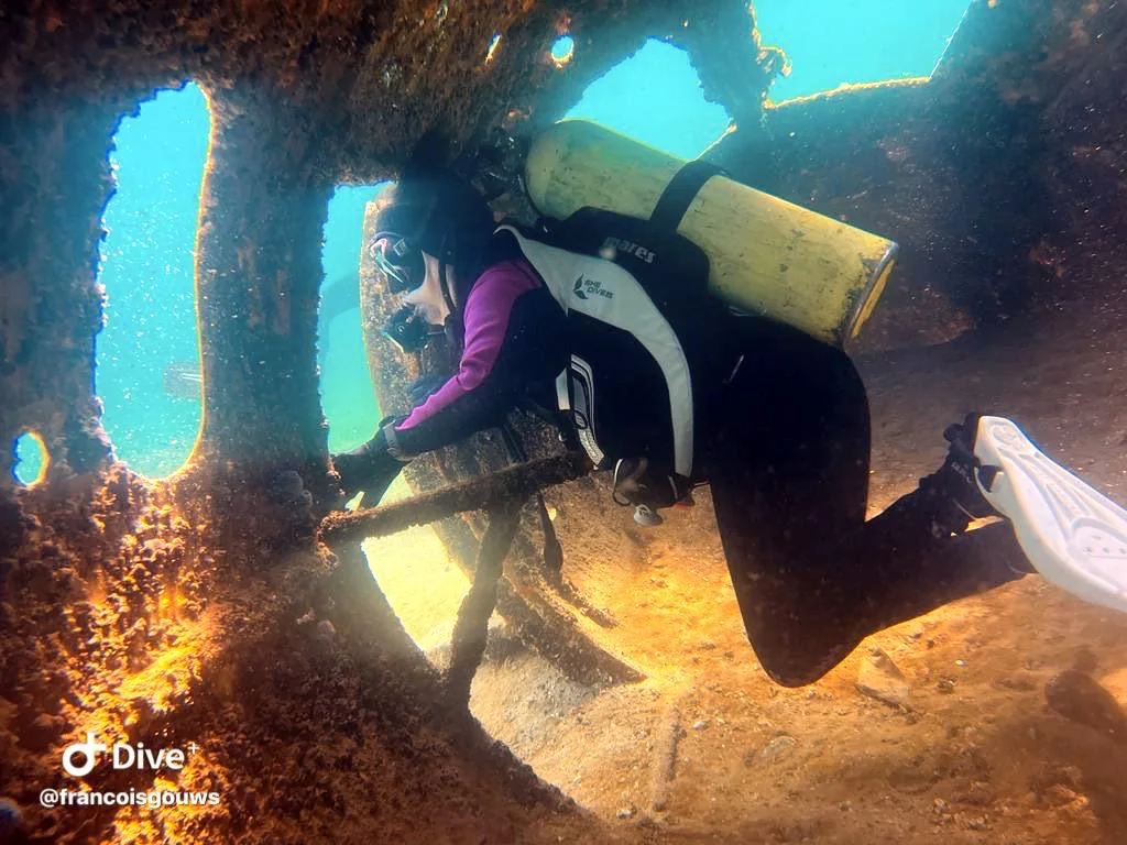 Scuba diver exploring the underwater museum at Half Moon Beach